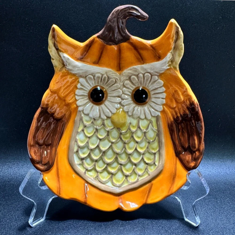 Cracker Barrel Pumpkin Owl Plate Fall Harvest Halloween Thanksgiving Stoneware